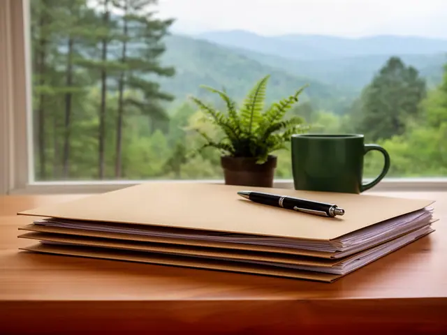A neat stack of closed manila folders and a pen on a desk by a window.