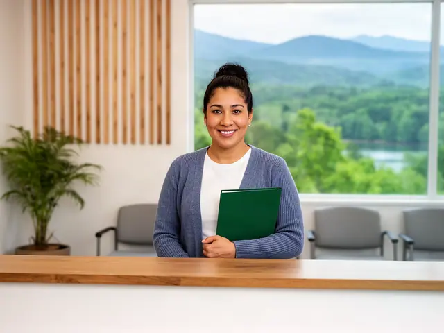 A clinic office manager holding a folder behind a reception counter.